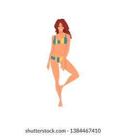 Beautiful Girl in Swimsuit, Young Woman Wearing Color Bathing Suit Enjoying Summer Vacation, Summer Fashion Vector Illustration