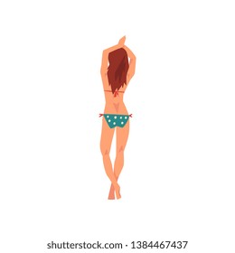 Beautiful Girl in Swimsuit, Young Woman Wearing Color Bathing Suit Back View, Summer Fashion Vector Illustration