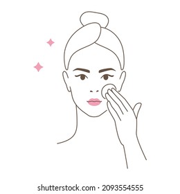 Beautiful girl take care of her face . Woman making skincare procedures, cleansing and moisturizing. Skin care routine, facial rituals. Flat vector Illustration icon 