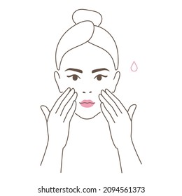 Beautiful girl take care of her face . Woman making skincare procedures with gua sha. Skin care routine, facial massage. Flat vector Illustration icon set