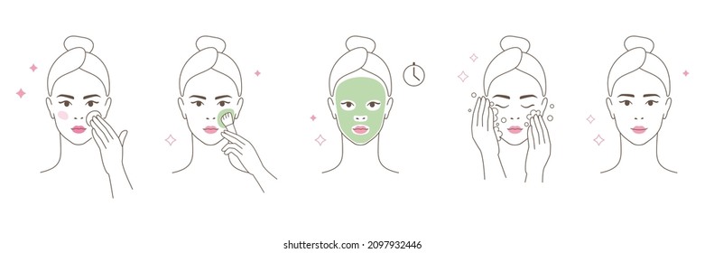 Beautiful girl take care of her face . Woman making skincare ritual. Beauty routine, face mask moisturizing guide. Flat vector Illustration icon set