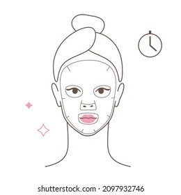 Beautiful girl take care of her face . Woman making skincare ritual. Beauty routine, face mask moisturizing. Flat vector Illustration icon