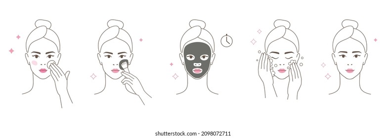 Beautiful girl take care of her face . Woman making skincare ritual. Beauty routine, face mask moisturizing guide. Flat vector Illustration icon set