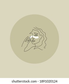 A beautiful girl takes care of her face. Trendy vector illustration in a linear style. Various procedures for the face, smears the face with cream. Facial care, beauty, cosmetics, make-up