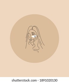 A beautiful girl takes care of her face. Trendy vector illustration in a linear style. Various procedures for the face, smears the face with cream. Facial care, beauty, cosmetics, make-up
