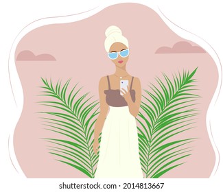 A beautiful  girl takes a selfie. Vector illustration in pastel colors.