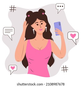 Beautiful girl is taking selfie by smartphone. Popular media beauty blogger. Social media influence. Vector illustration.