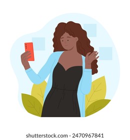 Beautiful girl taking selfie with mobile camera on phone, making self photo vector illustration