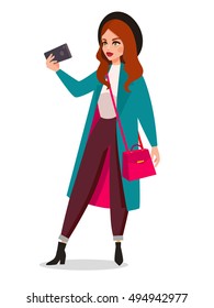 Beautiful girl taking selfie.Fashion blogger with smart phone taking photo or video.Vector cartoon character