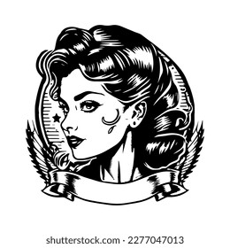 beautiful girl tattoo design black and white hand drawn illustration 