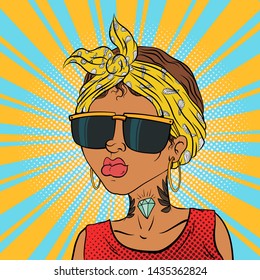 Beautiful girl with a tattoo on her neck in sunglasses. Vector illustration in pop-art comic book style. Fashionable young woman in headscarf vintage style