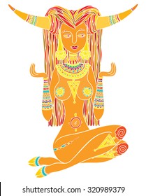 beautiful girl taurus - vector hand drawing zodiac astrological sign - symbol of the spirit of nature or patron of animals