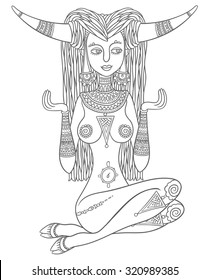 beautiful girl taurus - vector hand drawing zodiac astrological sign - symbol of the spirit of nature or patron of animals