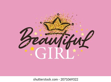 Beautiful girl text, butterflies vector illustration design for kids fashion graphics, t shirt prints, posters, stickers etc. Children Lettering banner Beautiful girl. Woman fashion calligraphy