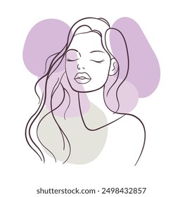 Beautiful Girl in Thin Thick Line Art For Beauty Cosmetic Healthcare with Purple Watercolor