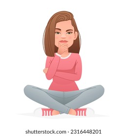 Beautiful girl was thinking about something while sitting cross-legged. White slender woman sits in a lotus position on the floor and thinks about something. Vector illustration in cartoon style