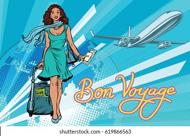 Beautiful girl with a ticket for the flight. Pop art retro vector illustration. Travel and tourism. Lifestyle. African American people. the inscription Bon voyage