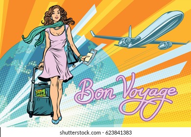 Beautiful girl with a ticket for the flight. Pop art retro vector illustration. Travel and tourism. Lifestyle