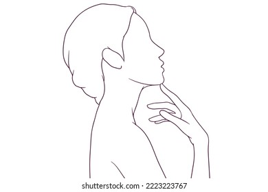 beautiful girl  touch her chin hand drawn style vector illustration