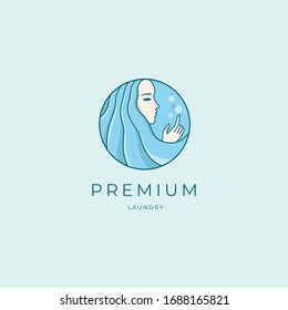 Beautiful girl touching bubbles vector illustration. Premium logo for beauty and spa salon, cosmetic label, laundy logo design concept