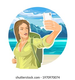 Beautiful girl tourist with a backpack makes a selfie. Seaside with beach, sea and mountains. Pretty woman on a journey. Flat style. Travel. Illustration vector