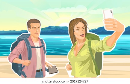 A beautiful girl tourist with a backpack makes a selfie with her boyfriend. Against the backdrop of a tropical beach, sea and mountains. Family travel. Flat style. Travel. Illustration vector