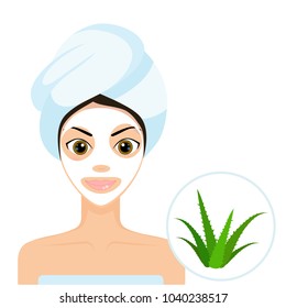 Beautiful girl with towel and aloe vera mask. Spa beauty facial mask. Women with beauty face mask. Vector Illustration Aloe Vera.