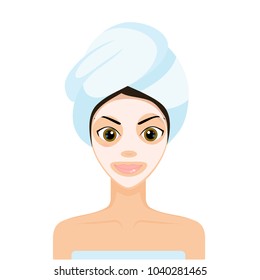 Beautiful girl with towel and clay mask. Spa beauty facial mask. Women with beauty face mask. Vector Illustration. Gray black pink clay mask