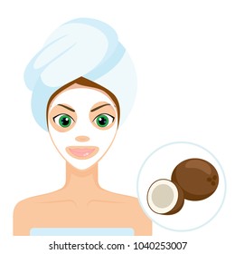 Beautiful girl with towel and coconut mask. Spa beauty facial mask. Women with beauty face mask. Vector Illustration coconut.
