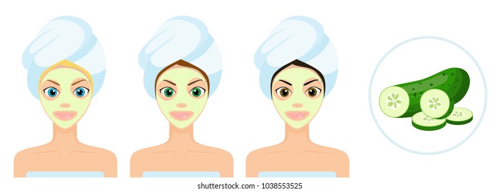 Beautiful girl with towel and cucumber mask. Spa beauty facial mask. Women with beauty face mask. Vector Illustration.