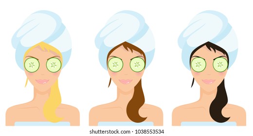 Beautiful girl with towel and cucumber mask. Spa beauty facial mask. Women with beauty face mask. Vector Illustration.