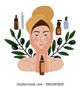 Beautiful girl with towel on her head. Olive oil natural cosmetics. DIY concept Young woman with many organic cosmetics tubes. Vector flay Illustration.