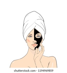 Beautiful girl with towel. Spa beauty facial mask. Women with beauty face mask. Vector Illustration. Black facial sheet mask could be a Volcanic, Black pearl or Charcoal one for deep skin pore care