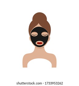 A beautiful girl with a towel turban on her head and a black mask on her face. Logo of a beauty salon, medical center, cosmetology. Vector stylized flat image