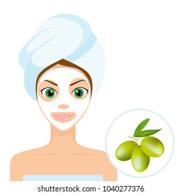 Beautiful girl with towel and white mask. Spa beauty facial mask. Women with beauty face mask. Vector Illustration. White olive mask.