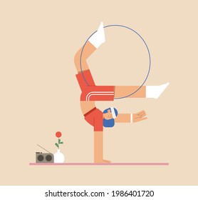 a beautiful girl in a tracksuit balances with a hoop on one hand