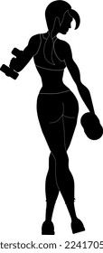 Beautiful girl is training with dumbbells in the gym.  Silhouette