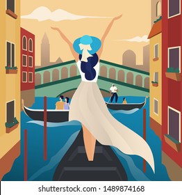 Beautiful girl travel alone concept. Tourism and Vacancies in Venice, Italy. Vector illustration of a traveling young woman