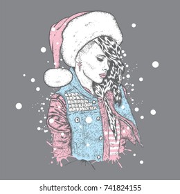 A beautiful girl in the trigger with thorns and wearing a Santa Claus hat. Vector illustration. New Year's and Christmas. Fashion & Style.