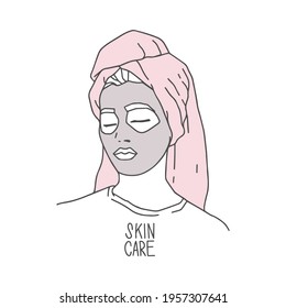 Beautiful girl in T-shirt with the inscription skin care. Hair in a towel and a mask on the face. Home spa treatments, skincare. Outline drawing, fashion sketch. Minimalist modern vector illustration