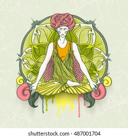 Beautiful girl with turban sitting in Lotus pose with ornate mandala on background. Vector illustration card for yoga and mindfulness consent.