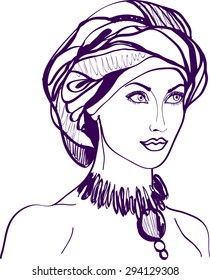 Beautiful girl in a turban, sketch, vector on white background