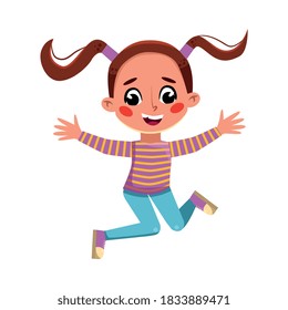 Beautiful Girl with Two Ponytails Happily Jumping, Cute Preschool Kid Having Fun, Celebrating Holiday, Doing Sports Cartoon Style Vector Illustration