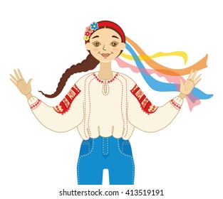 Beautiful girl in the Ukrainian ethnic shirt hand gesture inviting.