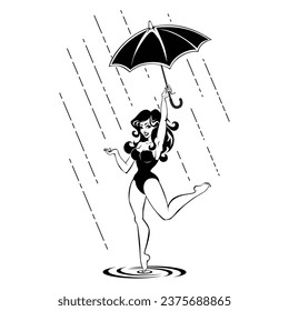 Beautiful girl with umbrella dances in rain. Pop art vector in pin up style on transparent background