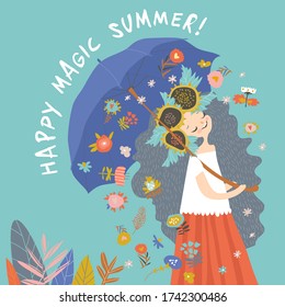 Beautiful girl with umbrella. Hello summer. Vector illustration