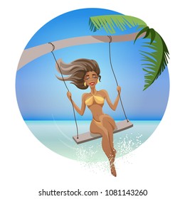 Beautiful girl under a palm tree rides on a swing. In the background blue ocean and beach. Hello summer and vacation