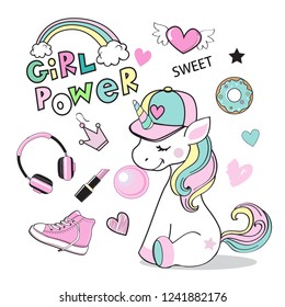 Beautiful girl unicorn and inscription girl power on a white background