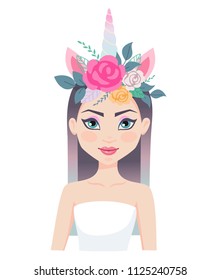 Beautiful girl with unicorn mask. Vector illustration for birthday cards, party invitations. 