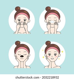 Beautiful girl using anti-blackhead nose strip Vector